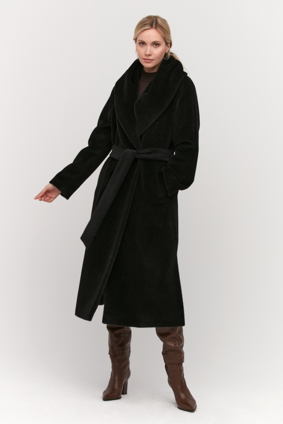 Długi czarny płaszcz wełniany z kapturem alpaka luxury line