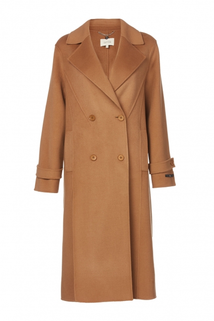 Wełniany płaszcz dwurzędowy z jedwabiem doubleface luxury line camelowy