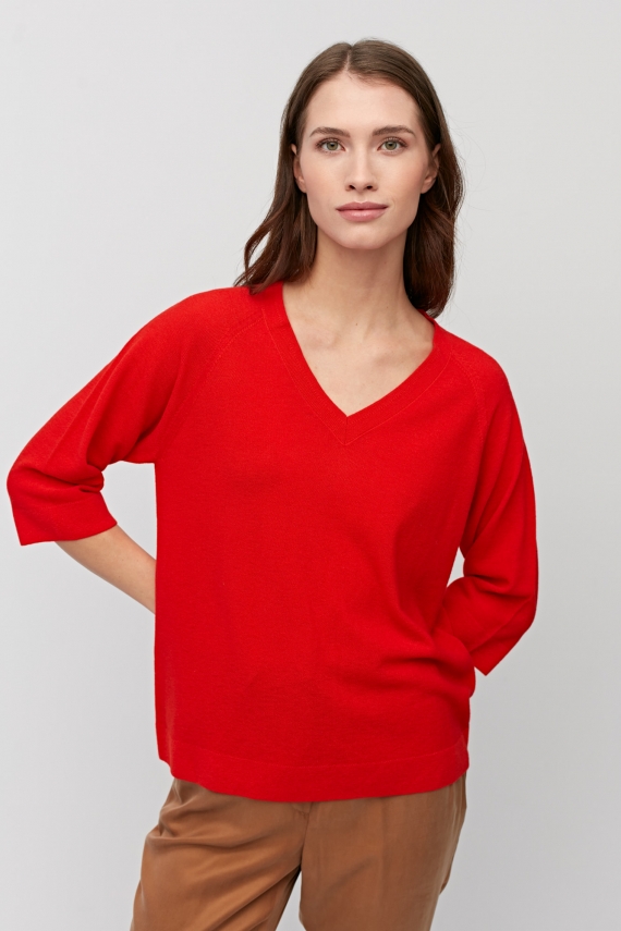 Czerwona bluzka dzianinowa z dekoltem v z jedwabiem luxury line