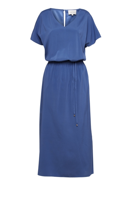 Jedwabna sukienka midi dekolt w szpic niebieski